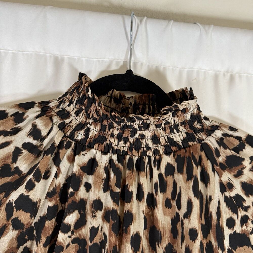 Chico's Blouse Women's Medium Brown Cheetah Print High Neck Lightweight Long Slv - Picture 5 of 11